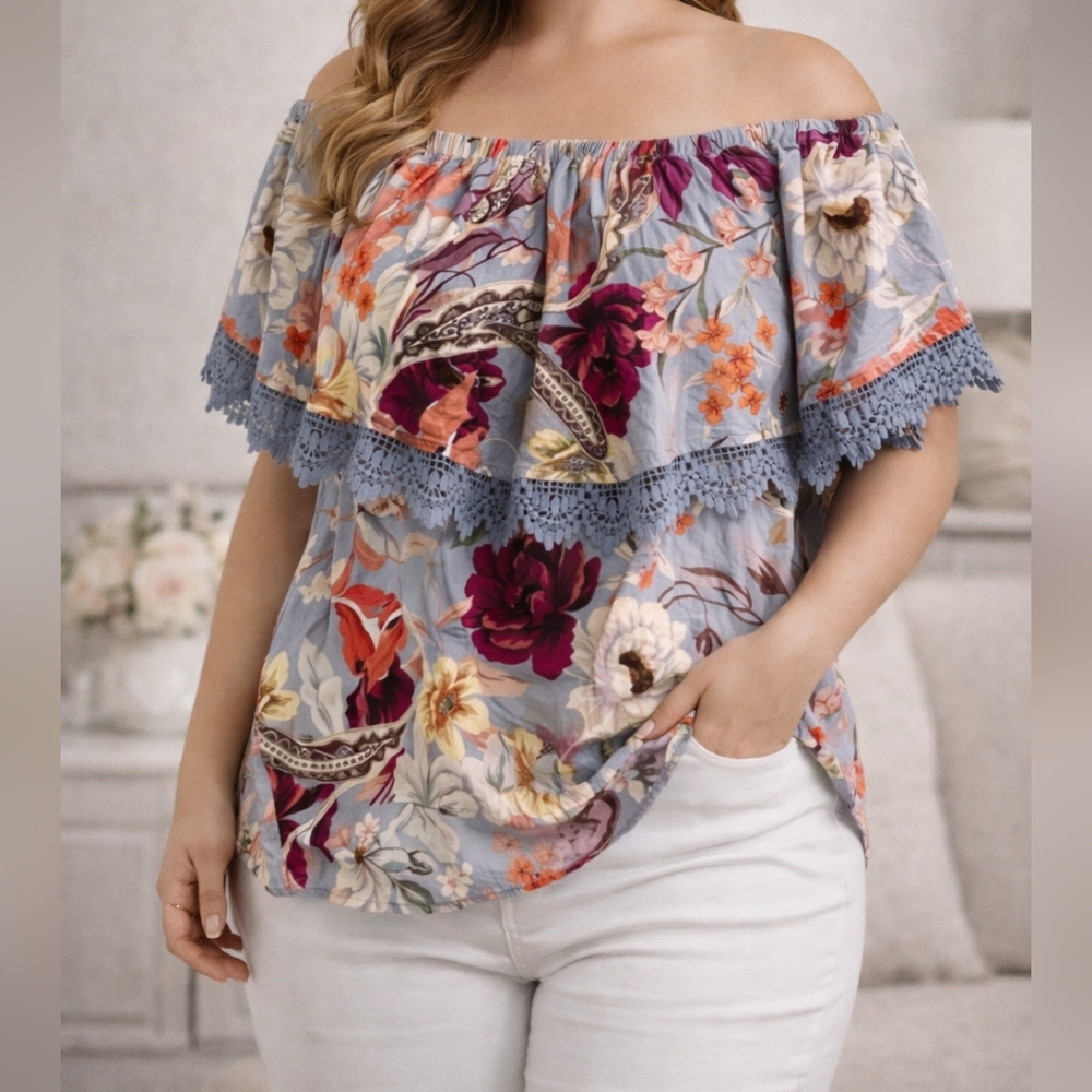 NWT XL CUPIO Off-the-Shoulder Floral Multicolor Boho Ruffle Crochet Trim Top